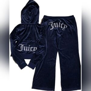 Juicy Couture Y2K Navy Blue Blingy Rhinestone Velour Tracksuit Size Large